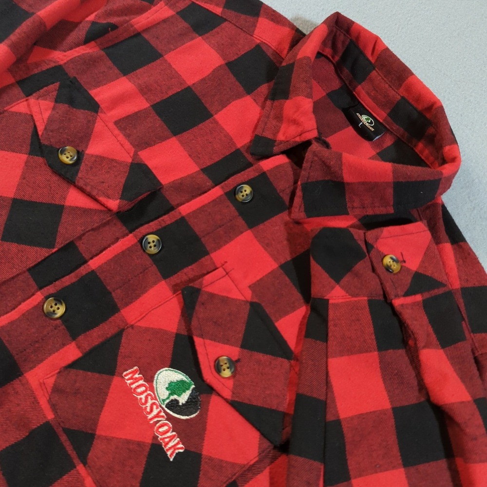 Mossy Oak Red Black Plaid Flannel Shirt Long Sleeve Button Up Men's L